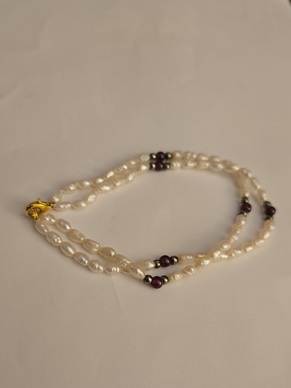 Freshwater Pearl and Garnet Bead Double Strand Bracelet
